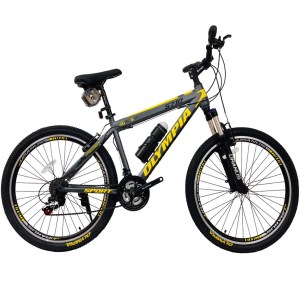 دوچرخه کوهستان سایز 26 برند المپیا مدل اسپرت استیل/رنگ طوسی زرد/ sport steel